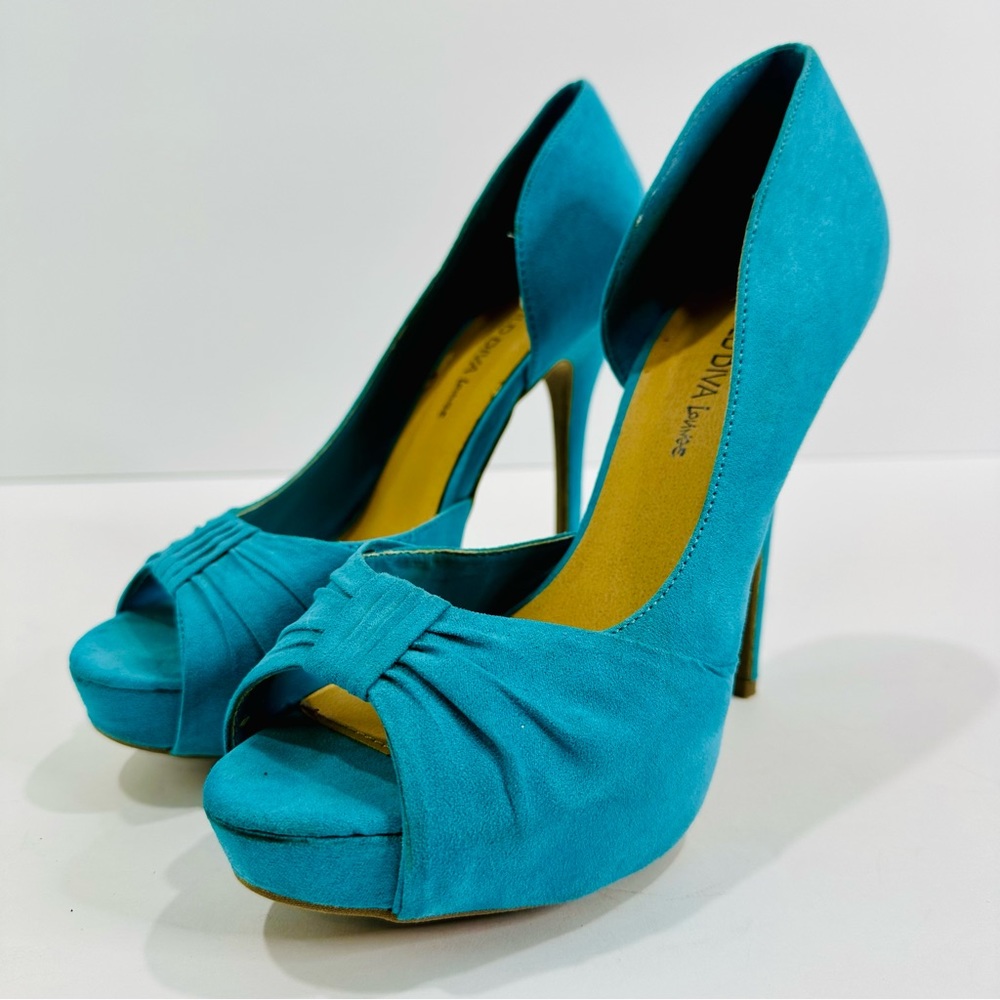 🎀 WILD DIVA LOUNGE TEAL SIZE 7 PLATFORM HEELS 5” MICROFIBER GREAT WORN ONCE